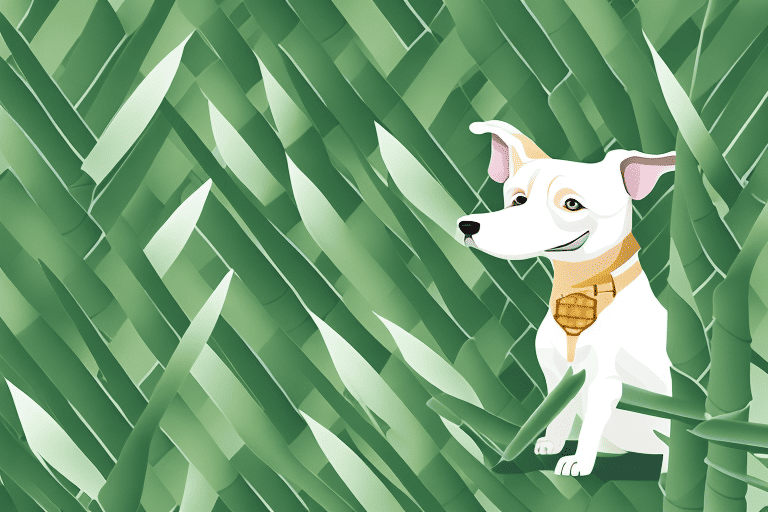 A curious dog sniffing a bamboo plant with some bamboo leaves scattered around him