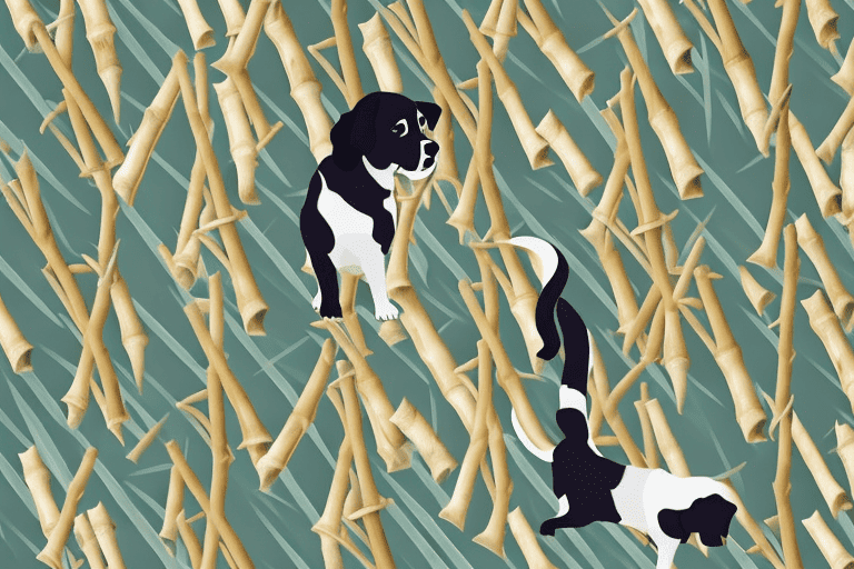 A curious dog sniffing at a pile of bamboo shoots