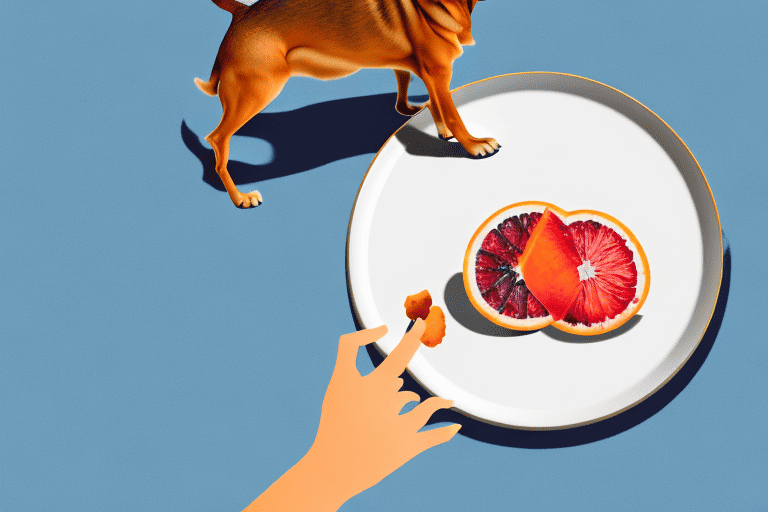 A curious dog sniffing a sliced blood orange on a plate