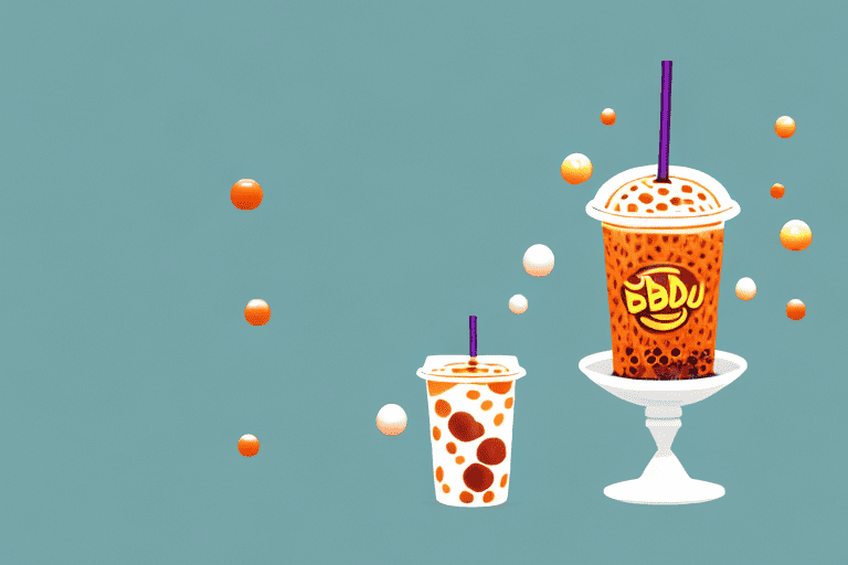 A curious dog sniffing a cup of boba tea with boba balls clearly visible