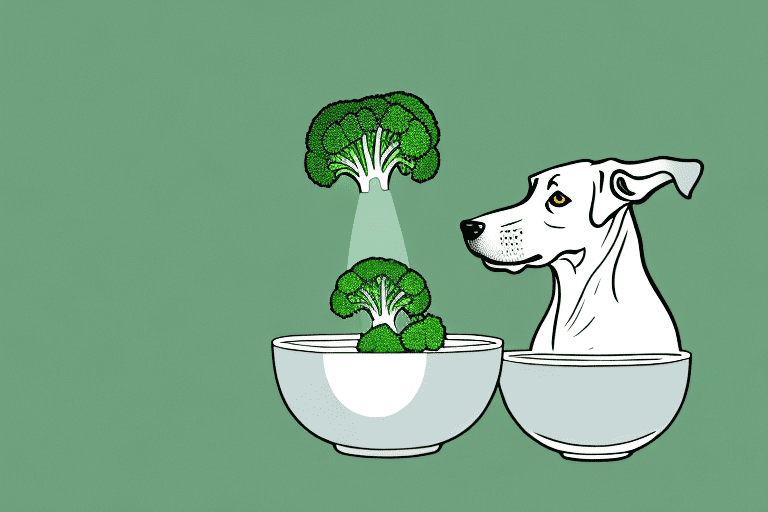 A curious dog sniffing at a bowl filled with broccoli sprouts