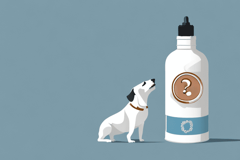 A dog curiously sniffing a bottle of castor oil