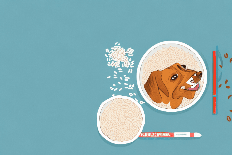 A dog happily eating from a bowl filled with chicken and rice