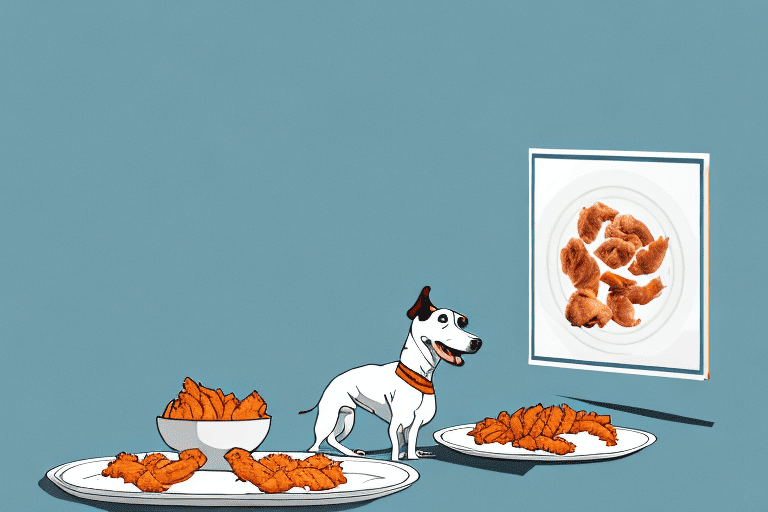 A curious dog looking at a plate of chicken gizzards with a questioning expression