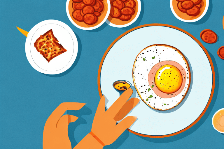 A curious dog sitting at a table with a plate of chorizo and eggs