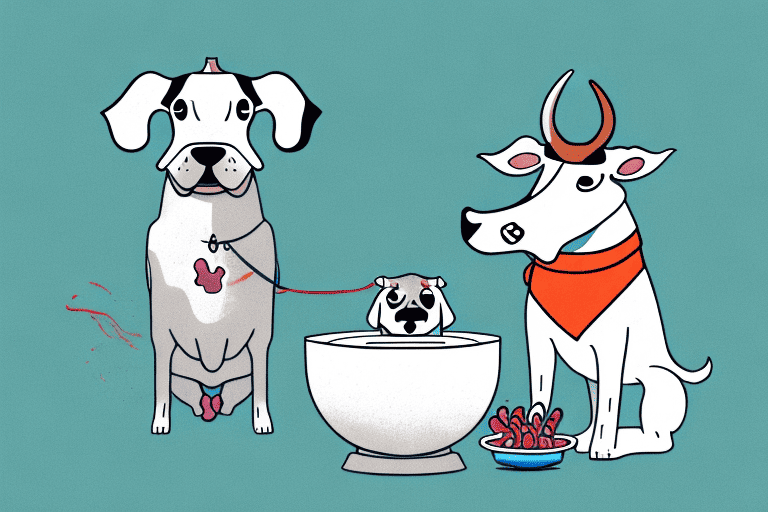 A dog sitting in front of a bowl that contains a cow heart