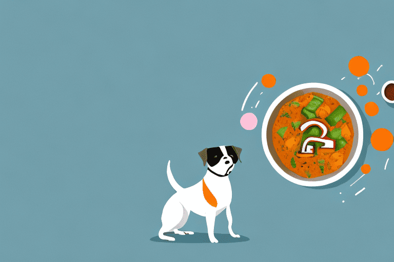 A curious dog looking at a bowl of curry chicken placed on the floor