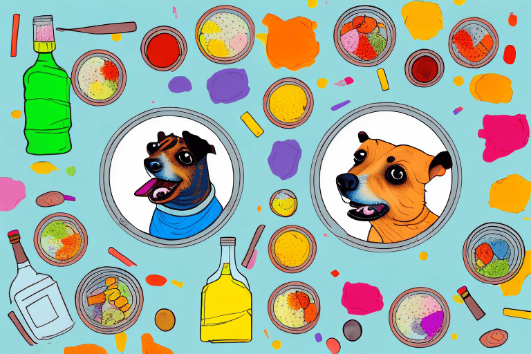 A curious dog looking at a bowl filled with various colorful food items