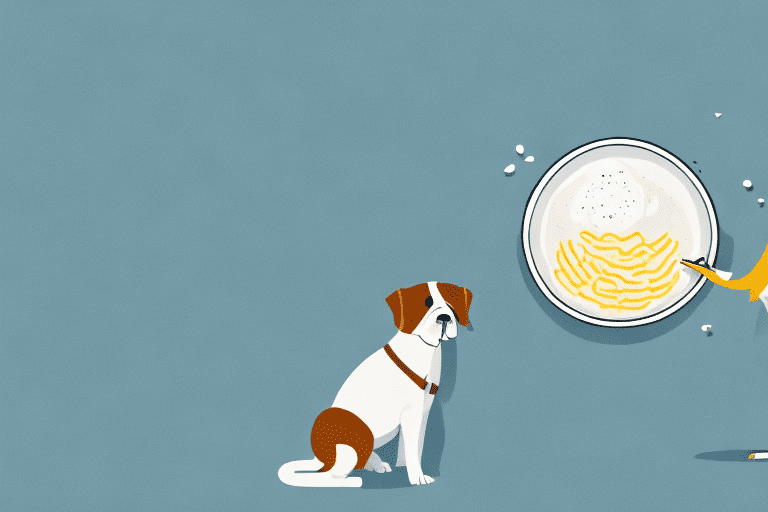 A curious dog sitting next to a bowl of grits with cheese