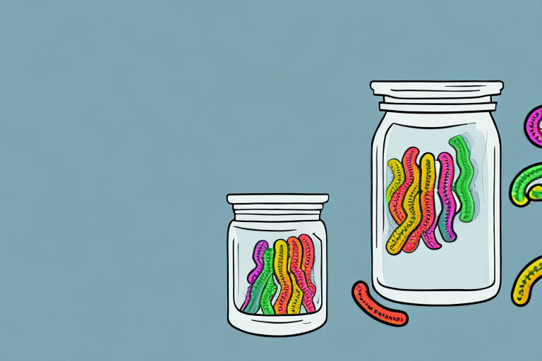 A curious dog looking at a jar of gummy worms on a table