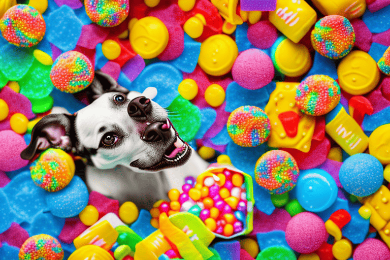A curious dog looking at an open box of nerds candy