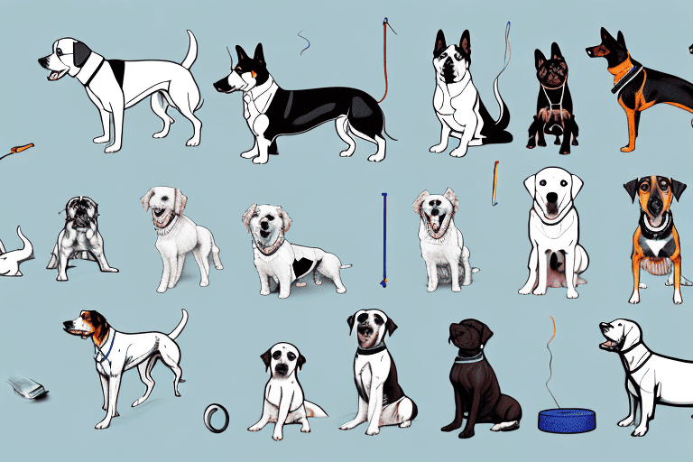 Various dogs demonstrating different training techniques such as obedience