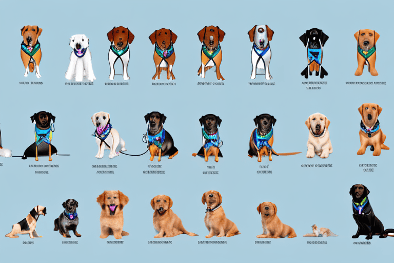 Various breeds of dogs wearing different types of service vests