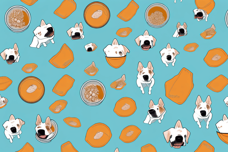 Several different types of broth in bowls with a variety of dogs happily sniffing or lapping at them