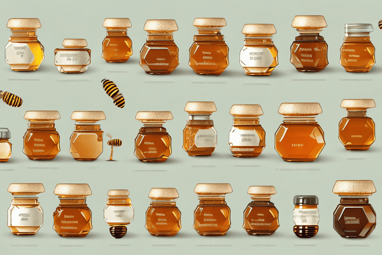 A variety of honey jars labeled with different types of honey