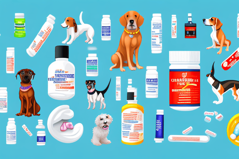 A variety of dogs surrounded by different types of safe pain relievers