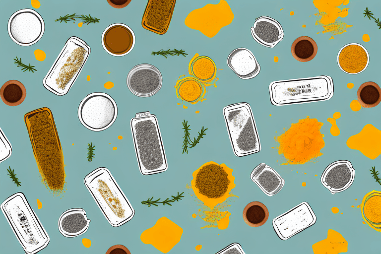Several dogs happily interacting with various safe-for-dogs seasonings like rosemary