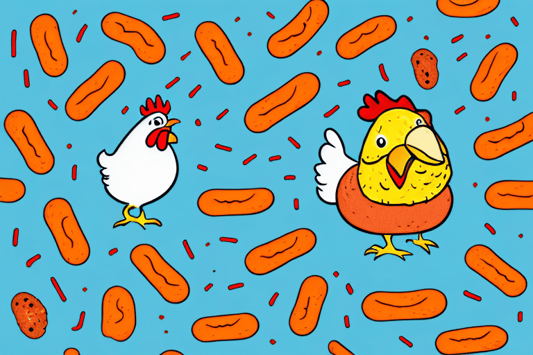 A chicken curiously pecking at a hot dog on the ground