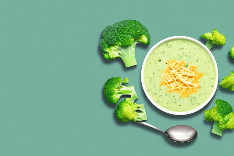 A happy dog sitting next to a bowl of broccoli cheddar soup