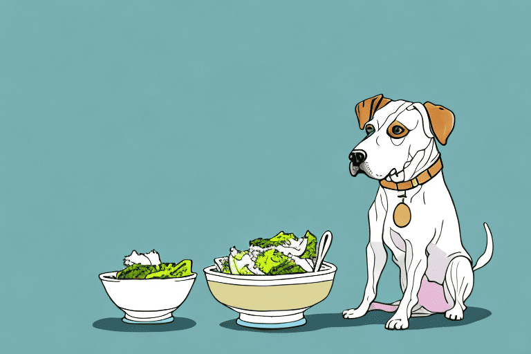 A curious dog sitting next to a bowl of caesar salad