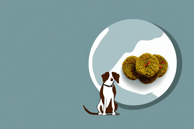 A curious dog sitting in front of a plate of falafel