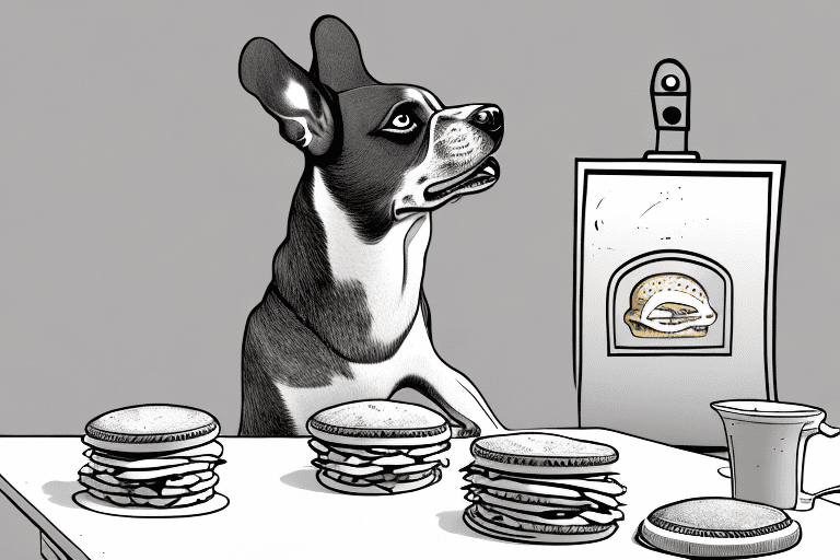A curious dog sniffing an english muffin on a kitchen table
