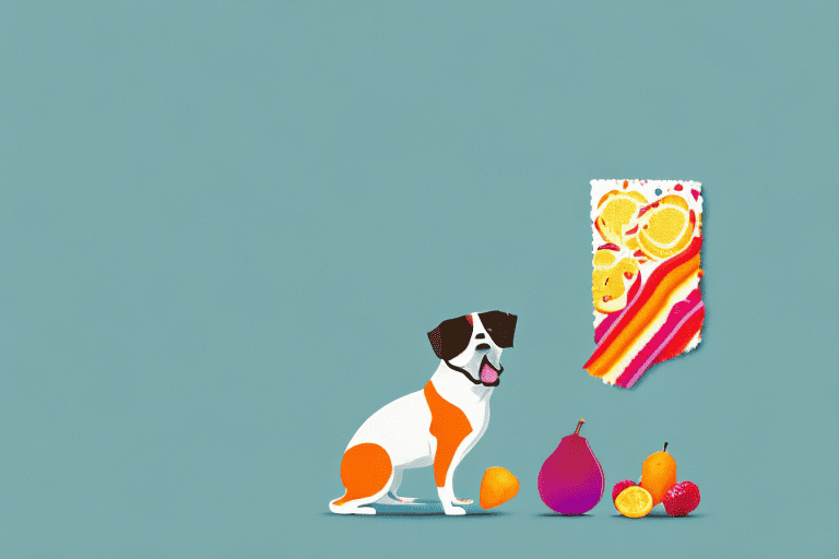 A curious dog sitting next to a table with a fruit roll up on it