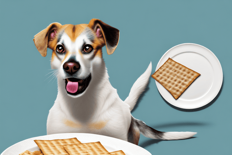 A curious dog sitting in front of a plate of matzo