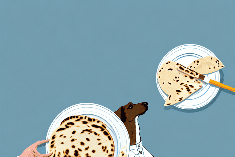 A curious dog sitting next to a plate of naan bread