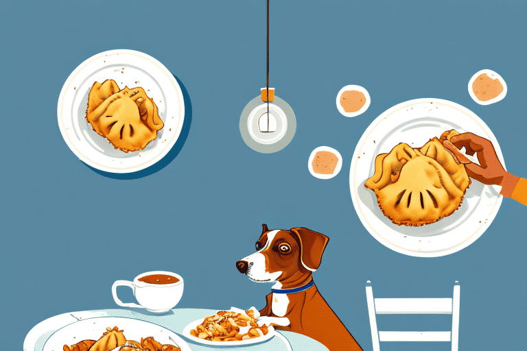 A curious dog sitting at a table with a plate of pierogies in front of him