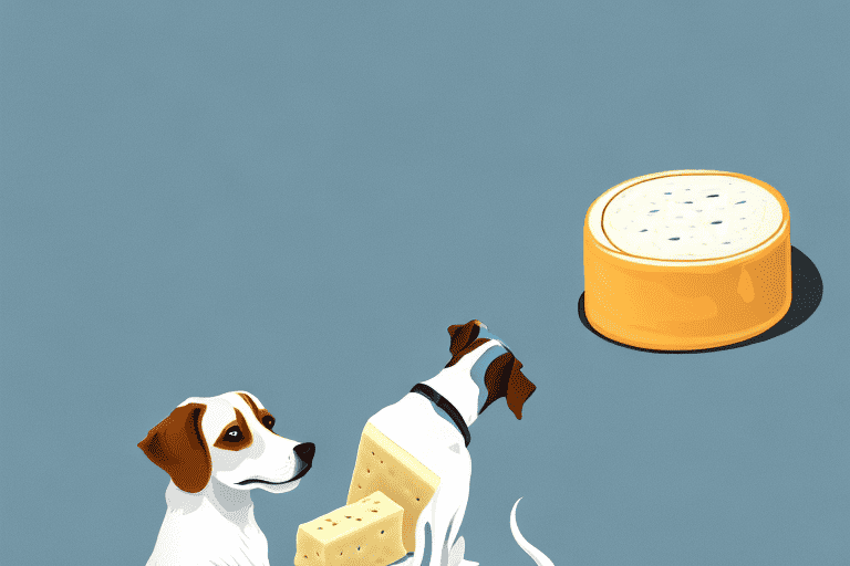 A curious dog sitting next to a piece of provolone cheese on a kitchen counter