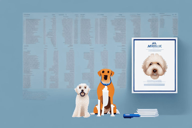A concerned-looking dog sitting next to a medical chart with canine anatomy