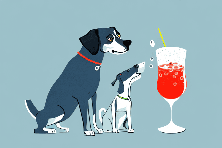 A curious dog sniffing a glass of v8 juice placed on a table