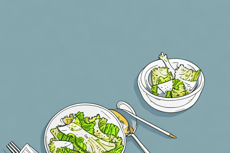 A curious dog looking at a bowl of caesar salad on a table