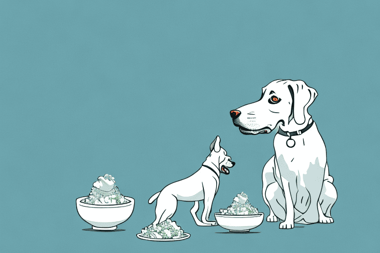 A curious dog sitting next to a bowl of tzatziki