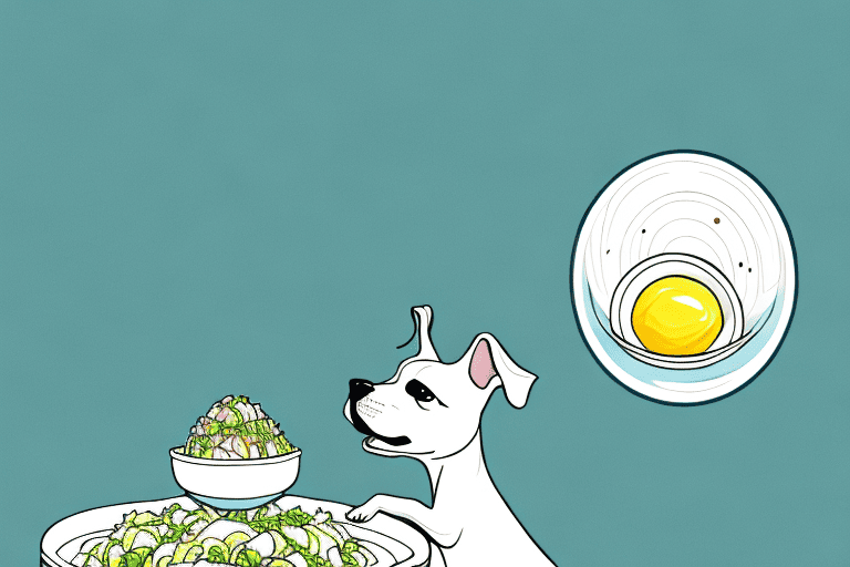 A curious dog sitting in front of a bowl of egg salad