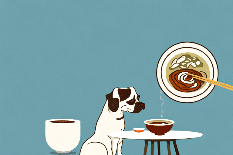A curious dog sitting at a table with a bowl of miso soup