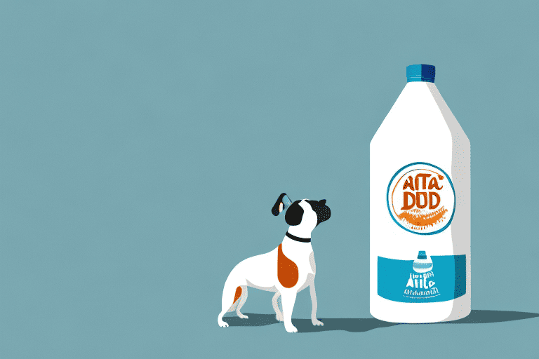 A curious dog looking at a bottle of lactaid milk on a kitchen counter