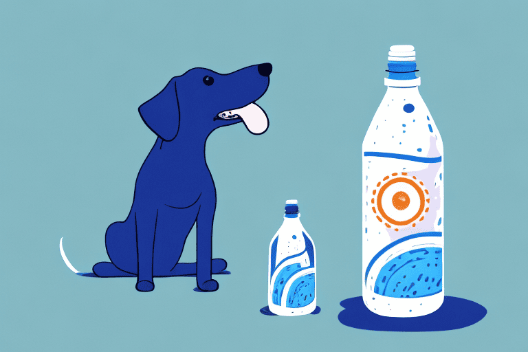A curious dog looking at a bottle of propel water placed on the ground