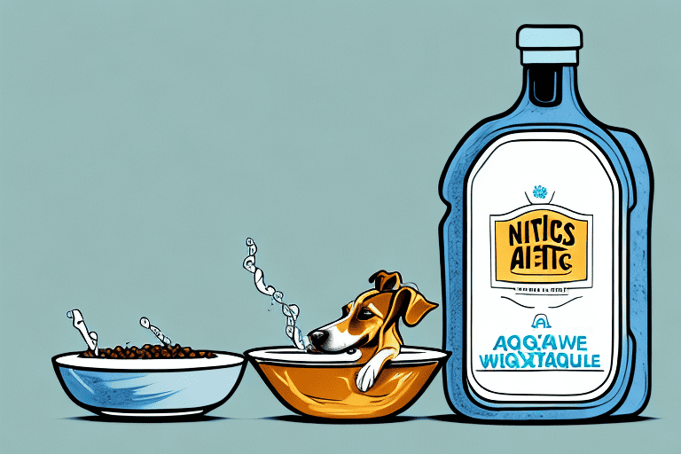 A dog curiously sniffing a bottle of agave nectar which is placed next to a bowl of dog food