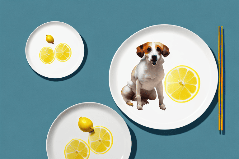 A curious dog sitting next to a plate of lemon chicken