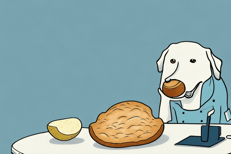A curious dog sniffing a loaf of potato bread on a kitchen table