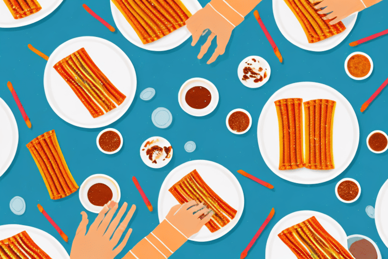 A playful dog looking longingly at a plate of taquitos on a kitchen table