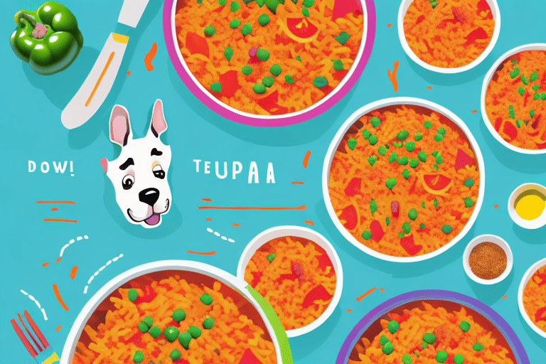 A curious dog looking at a bowl of colorful spanish rice