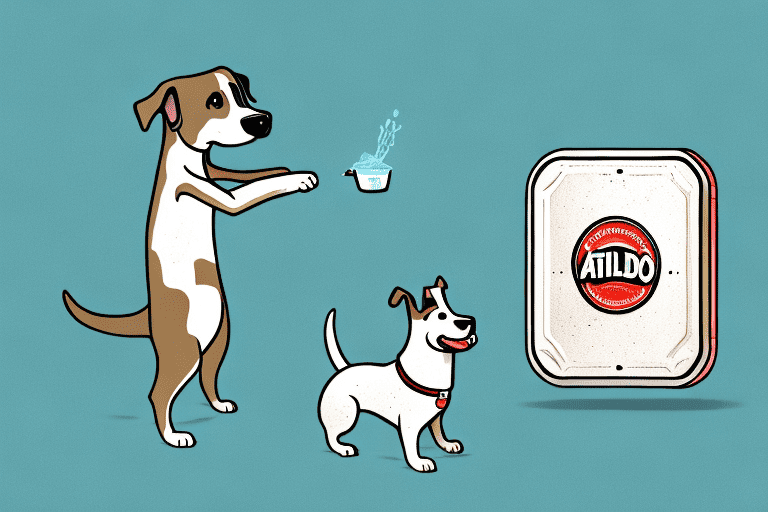 A curious dog sniffing a tin of altoids placed on a table