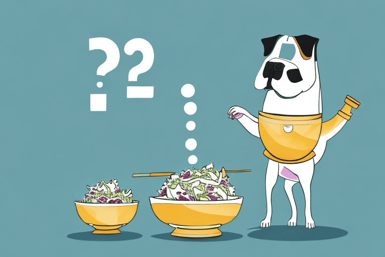 A curious dog sitting next to a bowl of chicken salad