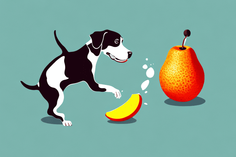 A curious dog sniffing a mangosteen fruit lying on the ground