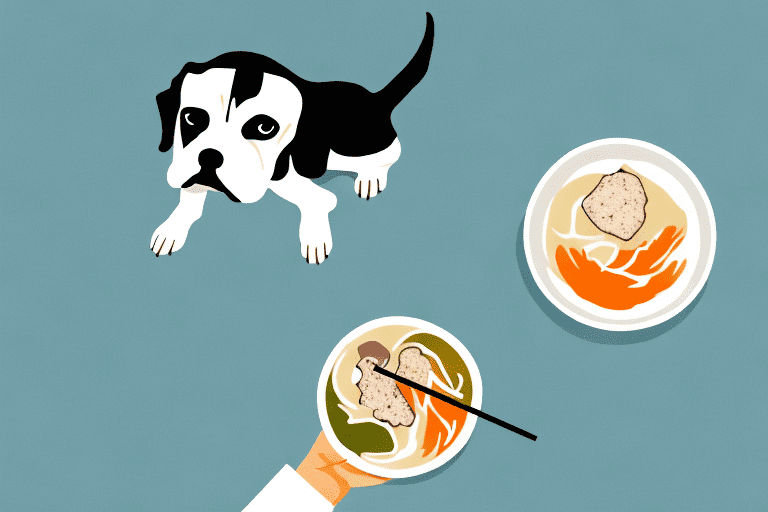A curious dog sitting next to a bowl of miso soup