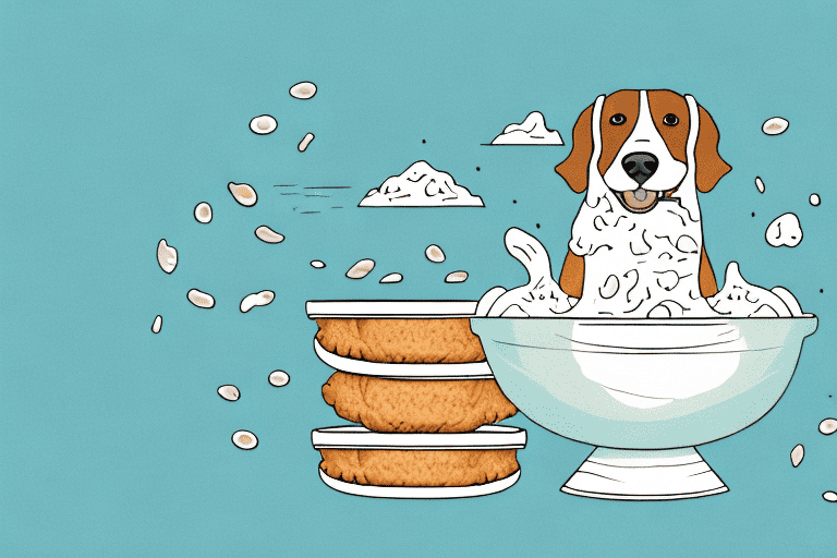A happy dog sitting beside a bowl filled with oatmeal cream pies