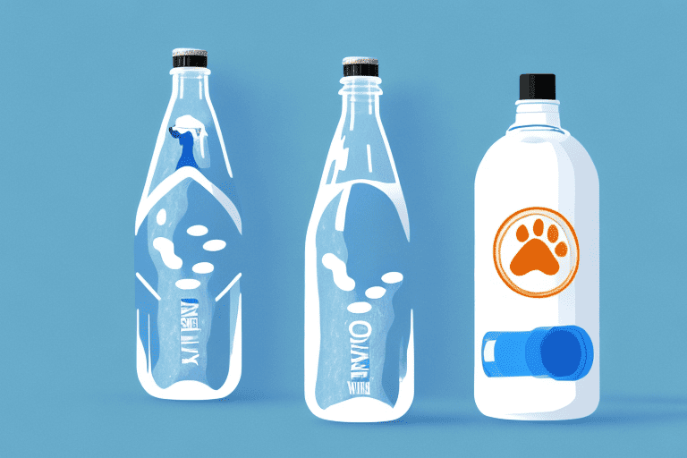 A curious dog looking at a bottle of propel water placed on a table